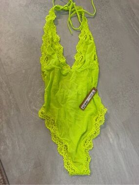 SKIMS Neon Yellow Lace Halter Bodysuit